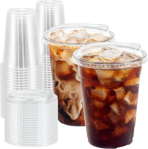 BYSNOW 16 oz Clear Plastic Cups with Lids - 100 Pack Disposable Iced Coffee & Smoothie Cups