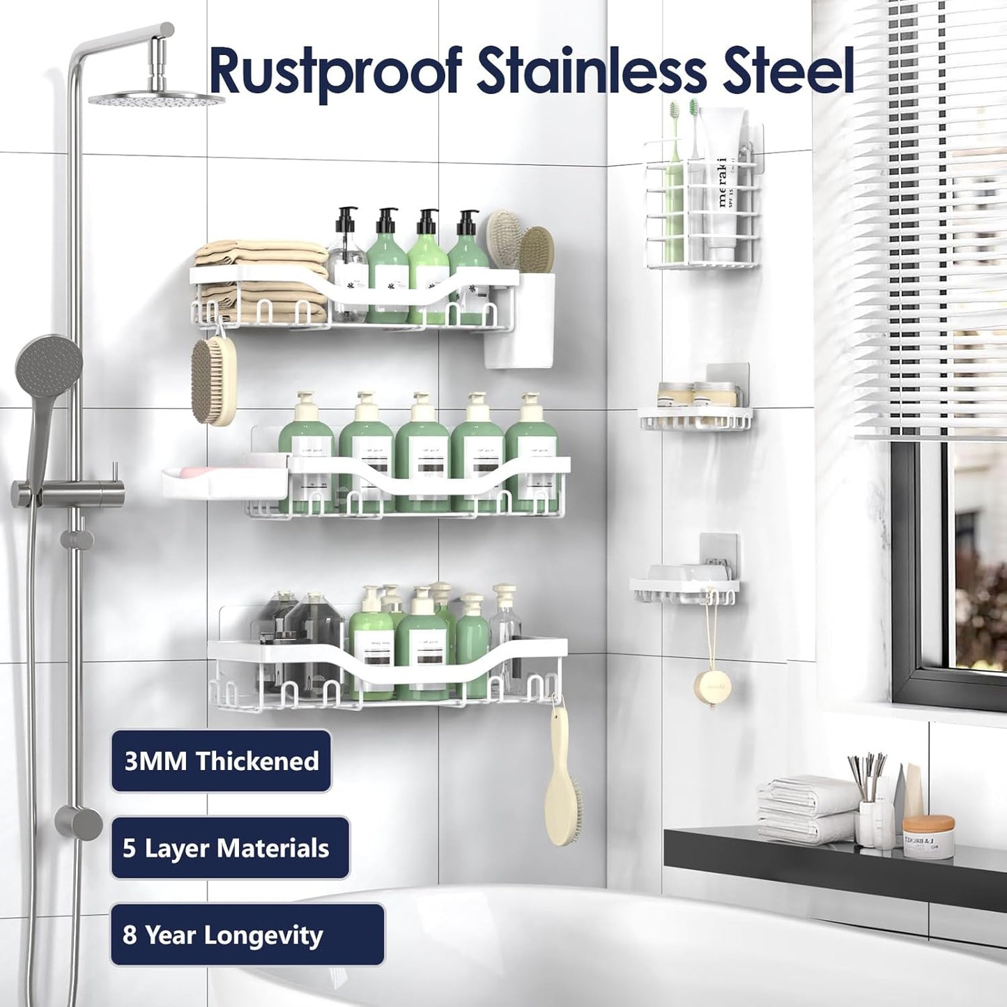 NESOMI Shower Caddy - Rustproof Stainless Steel Organizer with Large Capacity | 8-Pack No-Drill Rack