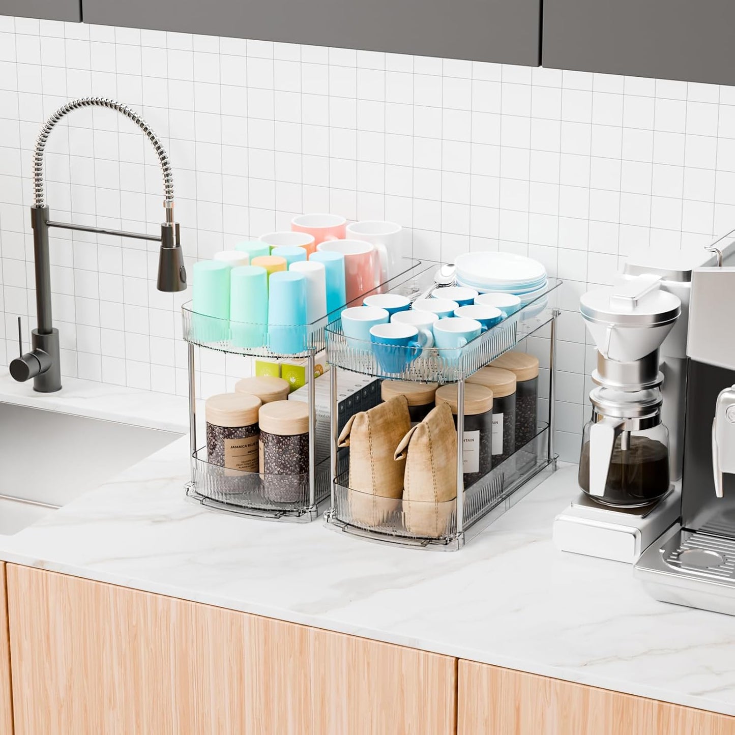 Skiennix Large Pull-Out Bathroom Organizers - 2 Tier 12.8" Tall Acrylic Under Sink Storage
