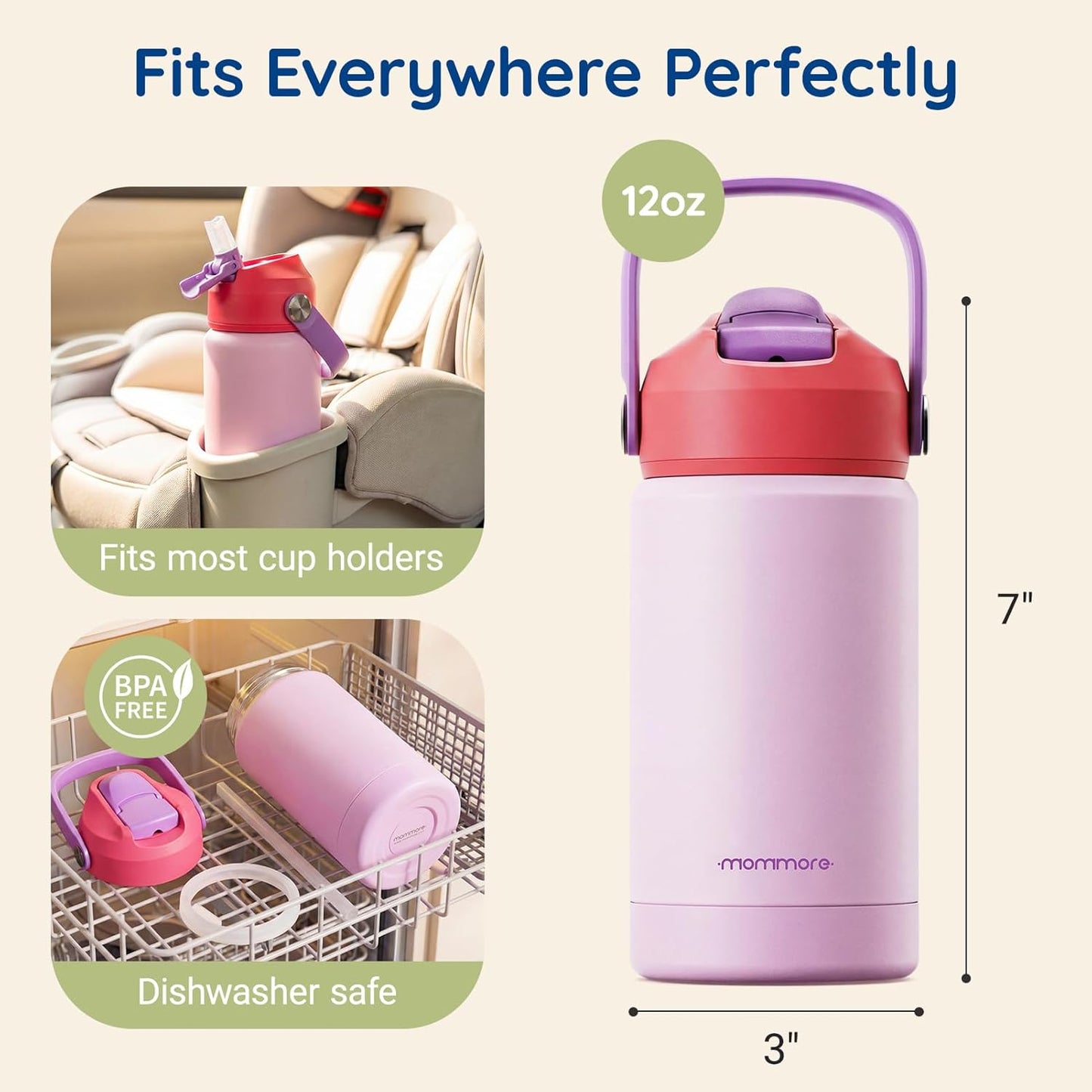 Mommore Kids Water Bottle - 12 oz Insulated Stainless Steel, Leakproof & BPA-Free, Mermaid Design