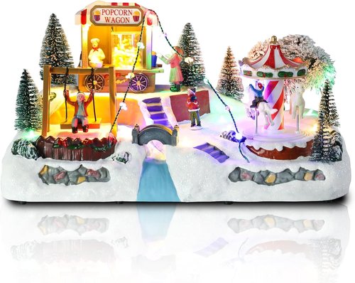 Afirst Christmas Village Houses - Lighted Collectible Figurines with Rotating Carousel & Musical Display | Indoor Decoration