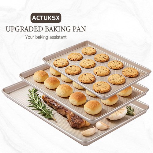 Heavy-Duty 3-Piece Baking Sheet Set - Commercial & Home Kitchen Nonstick Cookie Pans, Reinforced Carbon Steel Baking Trays, Oven-Safe with Even Heating & Easy Clean