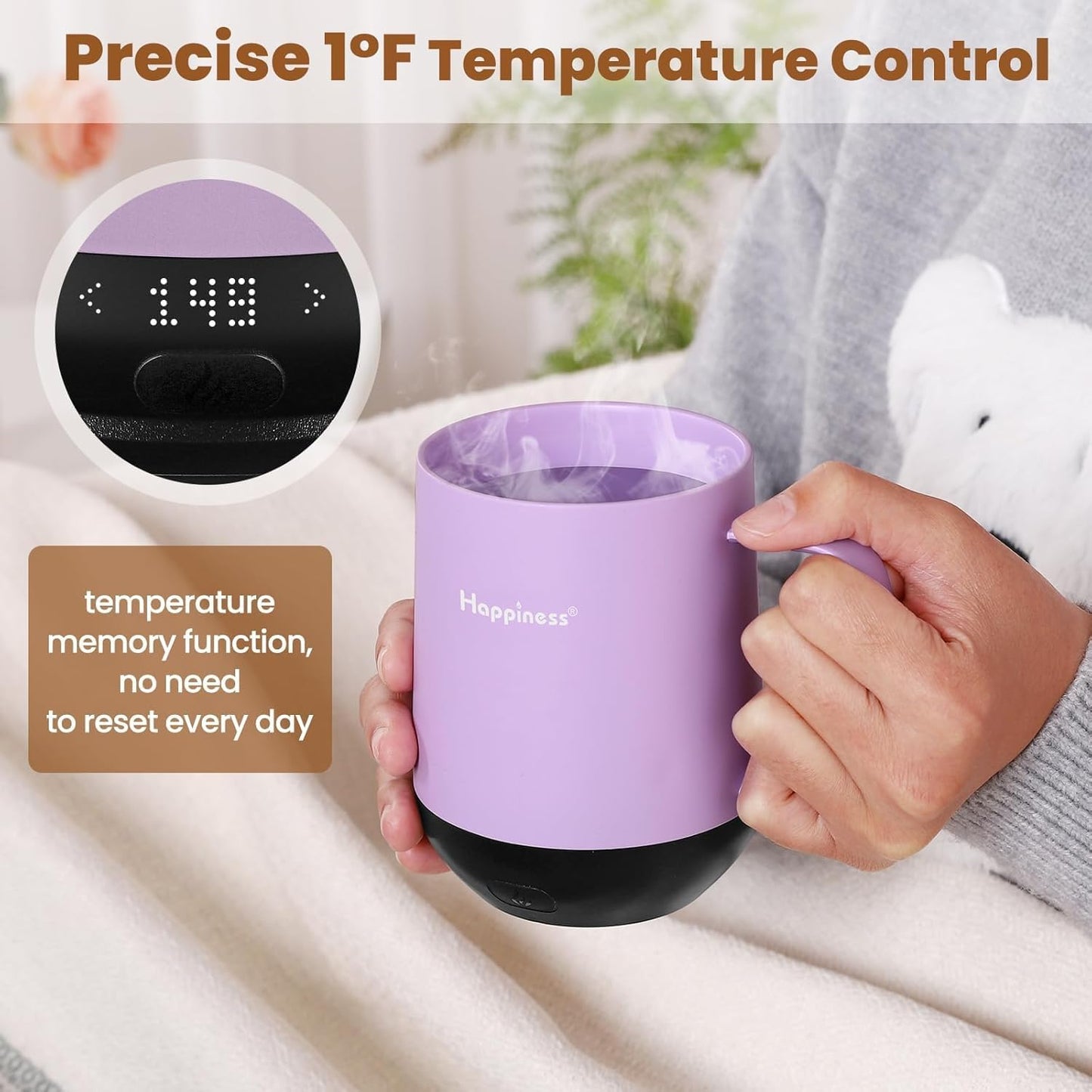 Happiness Smart Heated Coffee Mug,12oz Rechargeable Electric Self Heating Temperature Control Coffee Cup,Gifts for Mom Dad Grandma Wife