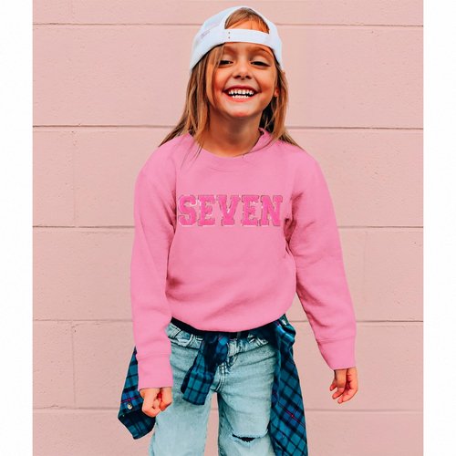 GLIGLITTR Toddler Baby Girls Birthday Outfit 2nd 3rd 4th 5th 6th 7th Bday Party Sweatshirt Chenille Patch Long Sleeve Shirt(Pink,7Years)