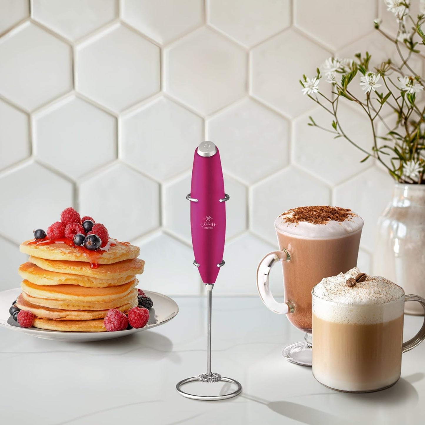 Zulay Kitchen Milk Frother Wand - Ultra-Fast Handheld Drink Mixer with 4 AA Batteries | Perfect for Coffee, Lattes, and Matcha - Dragonfruit