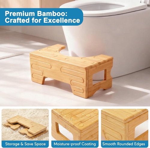 Bamboo Toilet Stool by Foldable | Adjustable 7" & 9" Heights - Non-Slip Design for Kids & Adults
