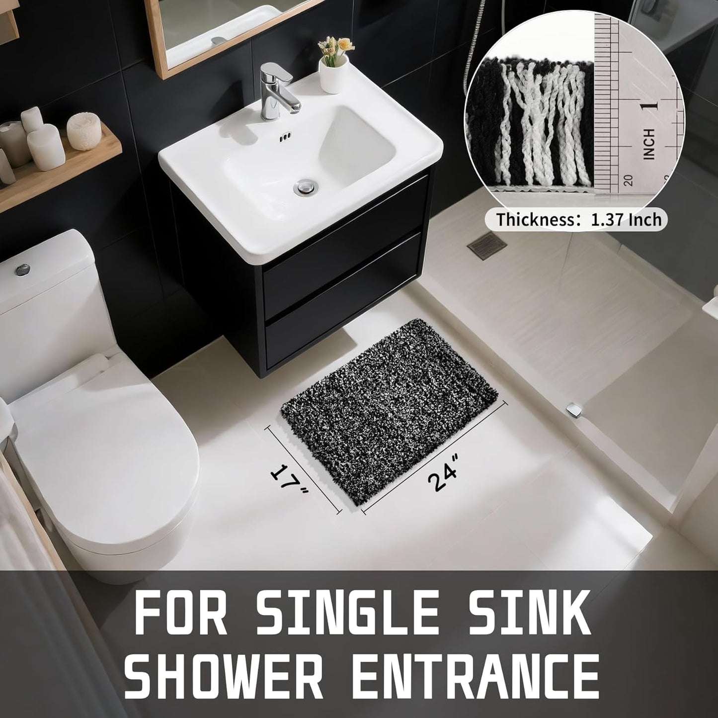 Yimobra Black and White Bathroom Rugs Non Slip Washable, Ultra Soft and Water Absorbent Bath Mats, Plush Fluffy Shower Mat Outside, Microfiber Thick Matts for Bathroom Floor/Sink, 24x17