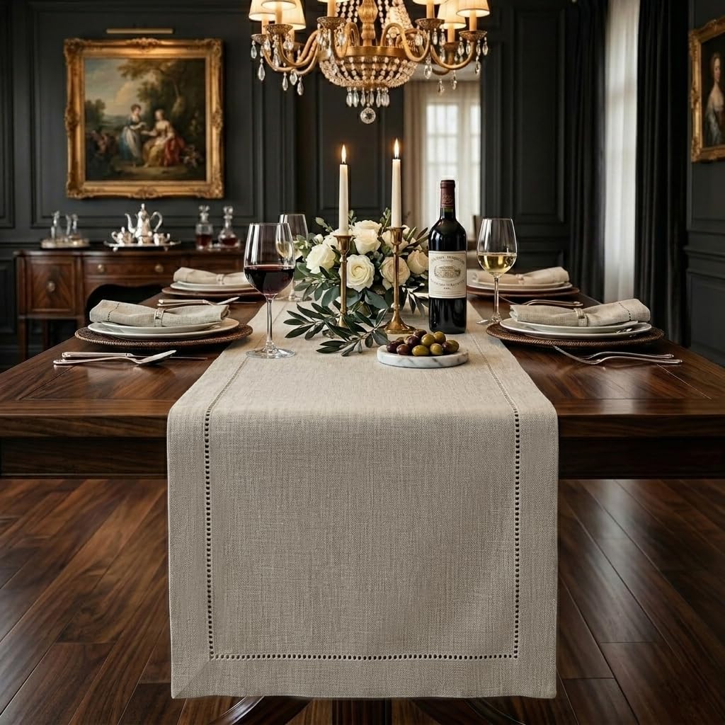 Signature Linen™ by D'Moksha Natural Table Runner 72 Inches Long, 100% Pure Linen, Hemstitch, 14 x 72 Inch Table Runner for Dresser, Dining- Mothers Day, Spring, Summer