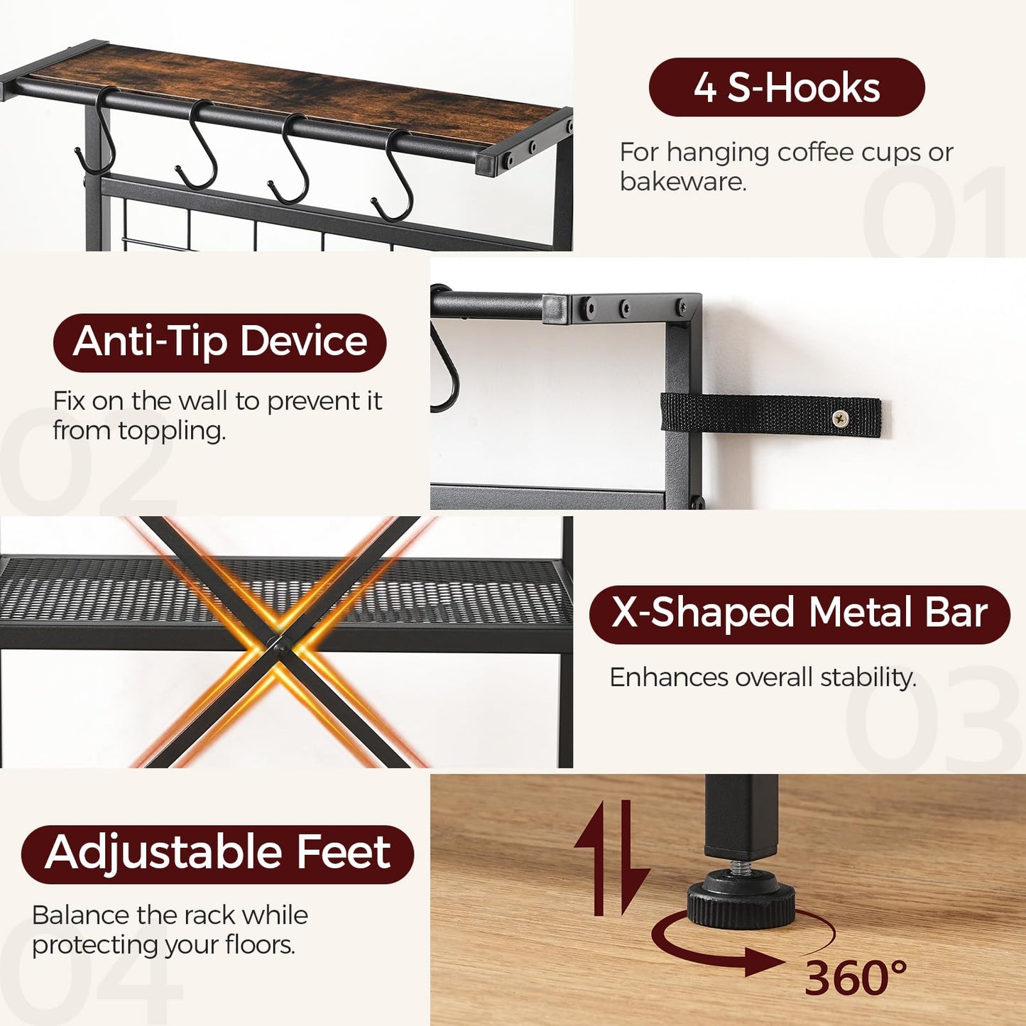 MAHANCRIS Bakers Rack with Power Outlet, Coffee Bar Station with Wine Rack, Bakers Racks for Small Spaces, Microwave Stand for Kitchen, Rustic Brown and Black BRHR23E01