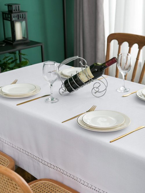 EHouseHome Heavy Duty Fabric Tablecloth with White Lace-Waterproof/Wrinkle Free/Stain Resistant/Oil Proof-for Dining,Indoor&Outdoor,Wedding,Holiday,White,Rectangle 60x84Inch