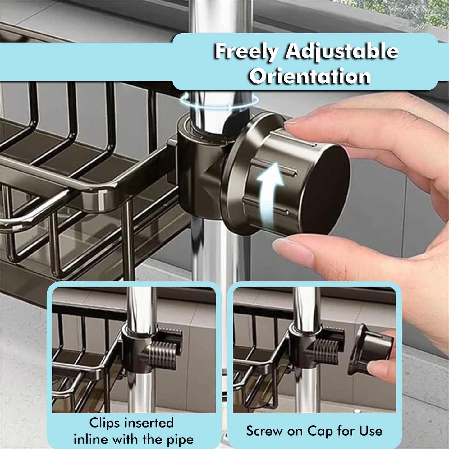 UnIVerse Hub Kitchen Sink Faucet Organizer – Compact Design for Round Faucets (10.6 × 5.7 cm) – Black (Left)