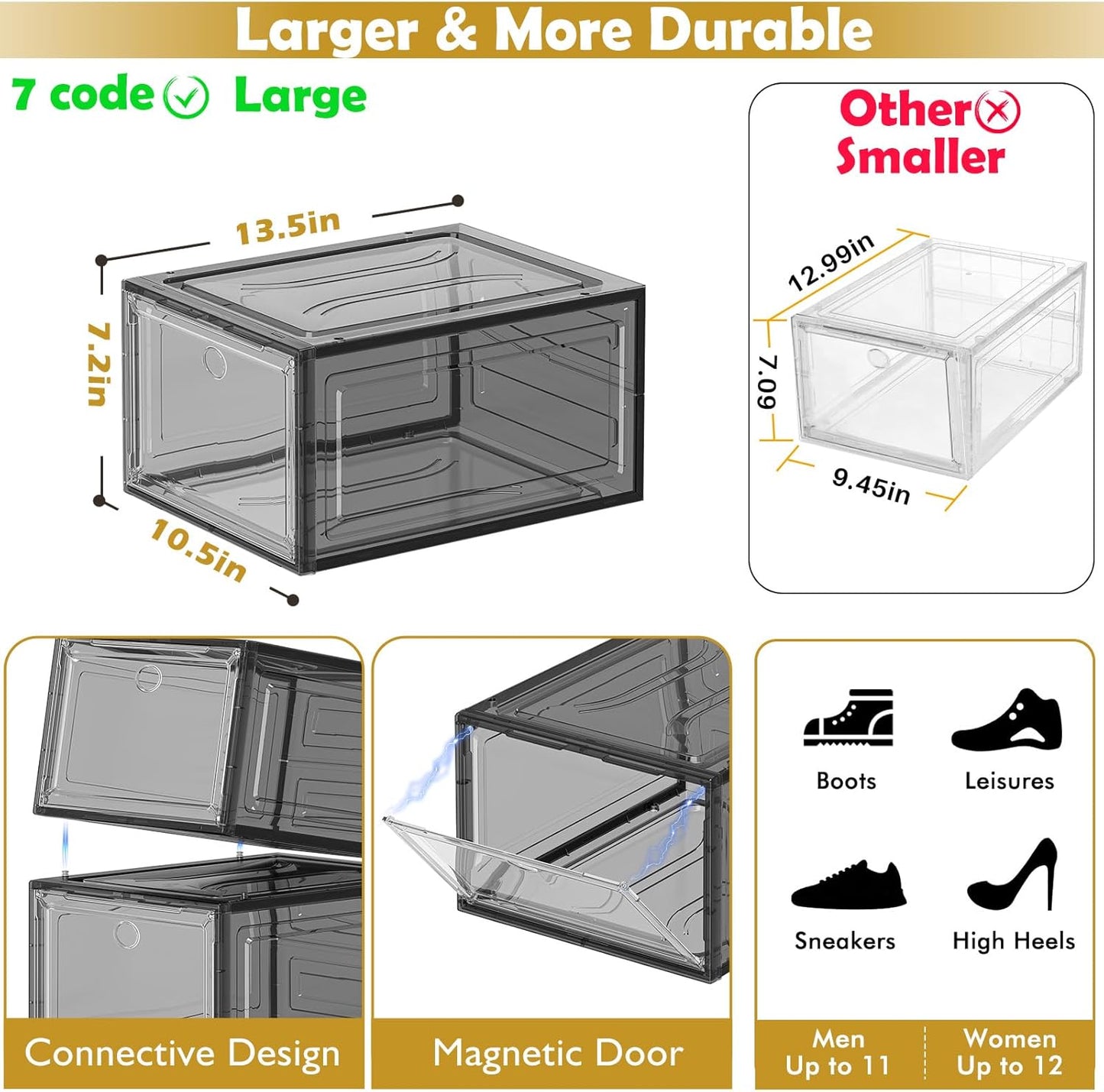Skiennix Clear Shoe Storage Organizer - Thicken & Sturdy Stackable Boxes | 6 Pack, Black with Magnetic Door