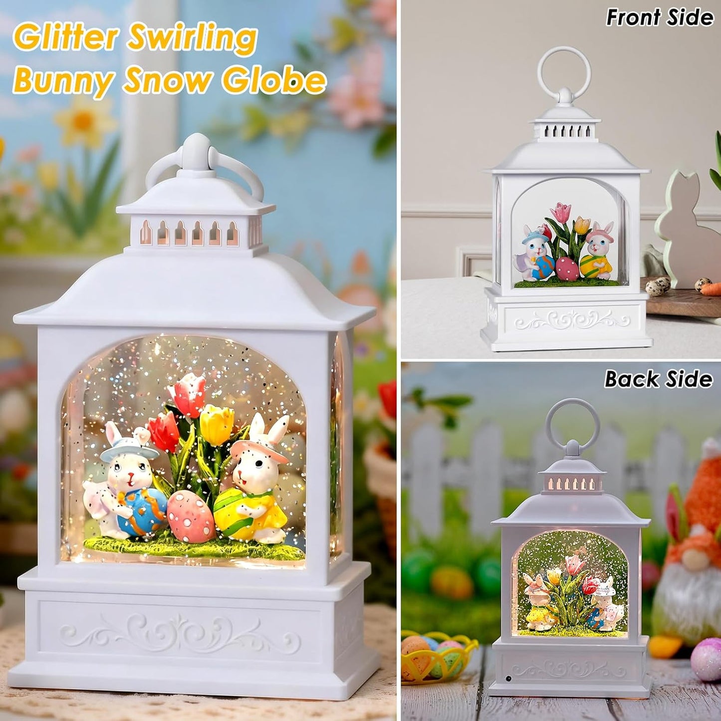 Skiennix Easter Bunny Snow Globe - Glitter Lantern with 6-Hour Timer & Colorful Eggs Decor