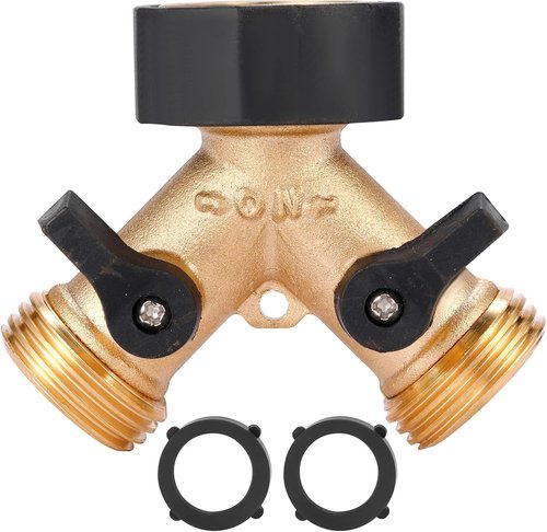 Brass Garden Hose Splitter by [Brand Name] - Heavy Duty 2-Way Y Connector with 2 Extra Rubber Washers