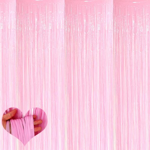 4 Pack Pink Fringe Curtain Backdrop, 3.2Ft x 8.2Ft Metallic Tinsel Foil Fringe Streamers Background for Photo Booth Birthday Wedding Baby Shower Party Thanksgiving Christmas Decorations