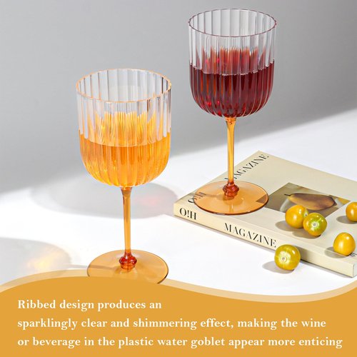 48 PCS Plastic Ribbed Wine Glasses 11oz Clear and Amber Detachable Wine Goblet Unbreakable Vintage Ripple Water Goblets Cocktail Drinking Cups for Parties Weddings Poolside Outdoors
