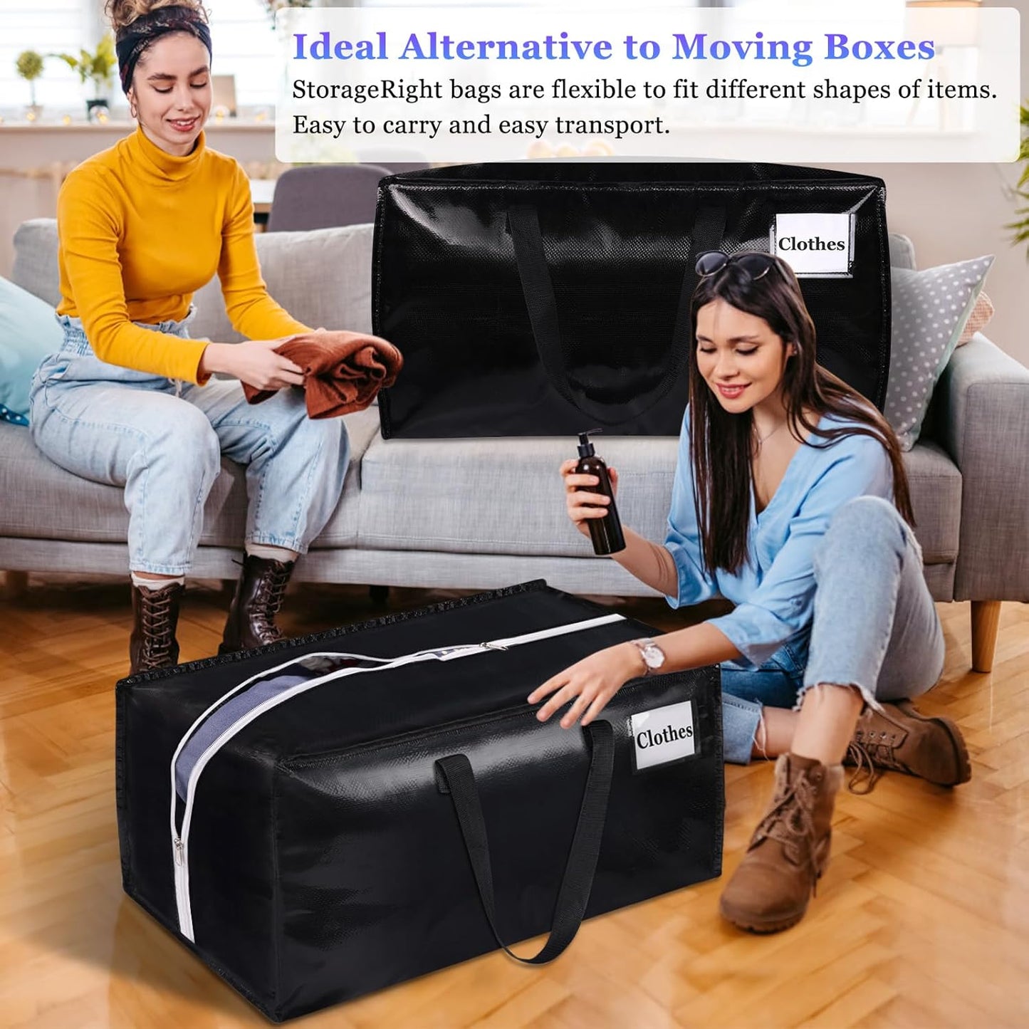 StorageRight Extra Large Moving Bags - Oversized Storage Totes with Strong Handles & Zippers | 76L, 6-Pack for Space Saving & Packing
