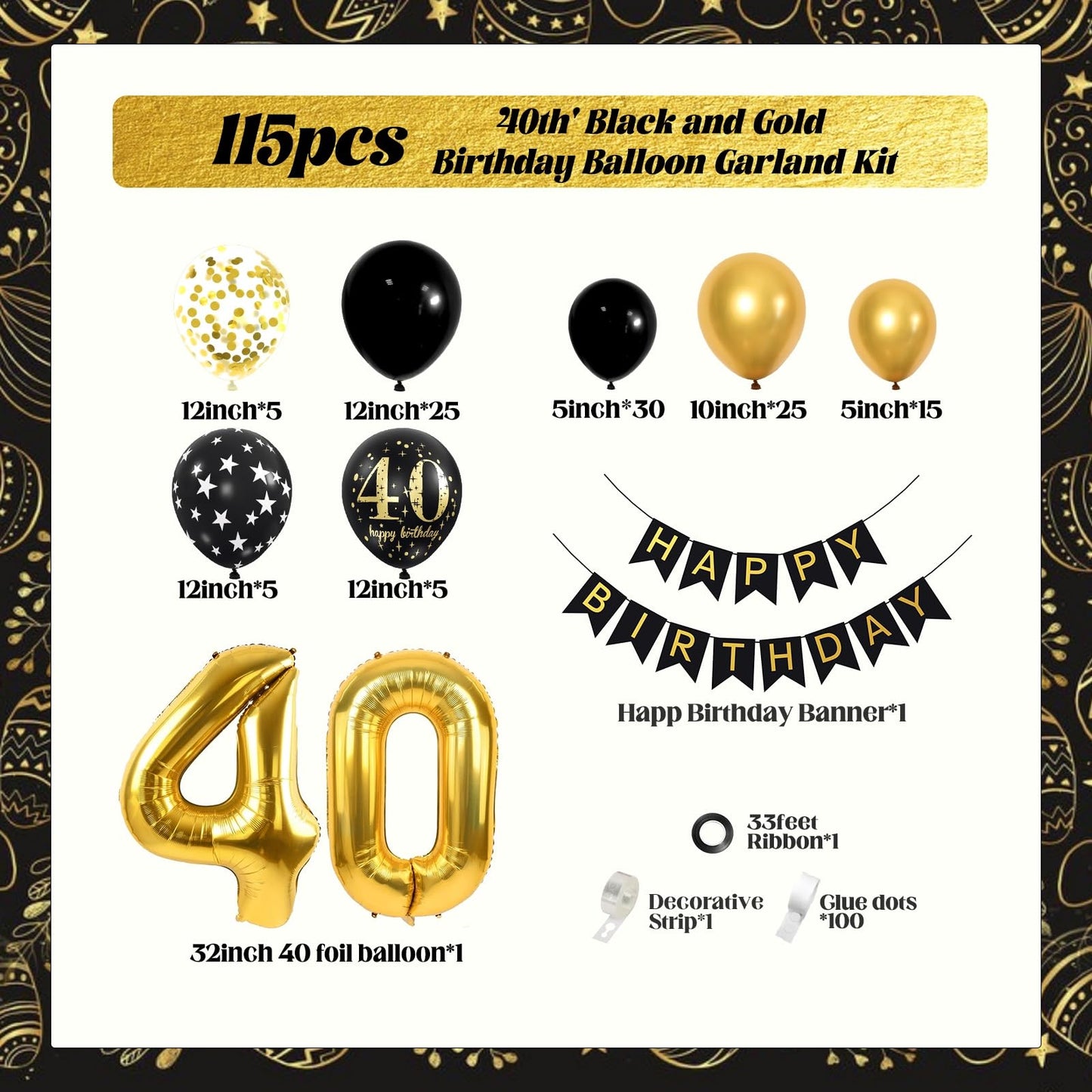 115pcs 40th Birthday Balloon Arch with Black Gold Balloon Garland happy Birthday Banner 40th Foil Balloon for 40th Birthday Decorations for Men or Women Anniversary Decorations