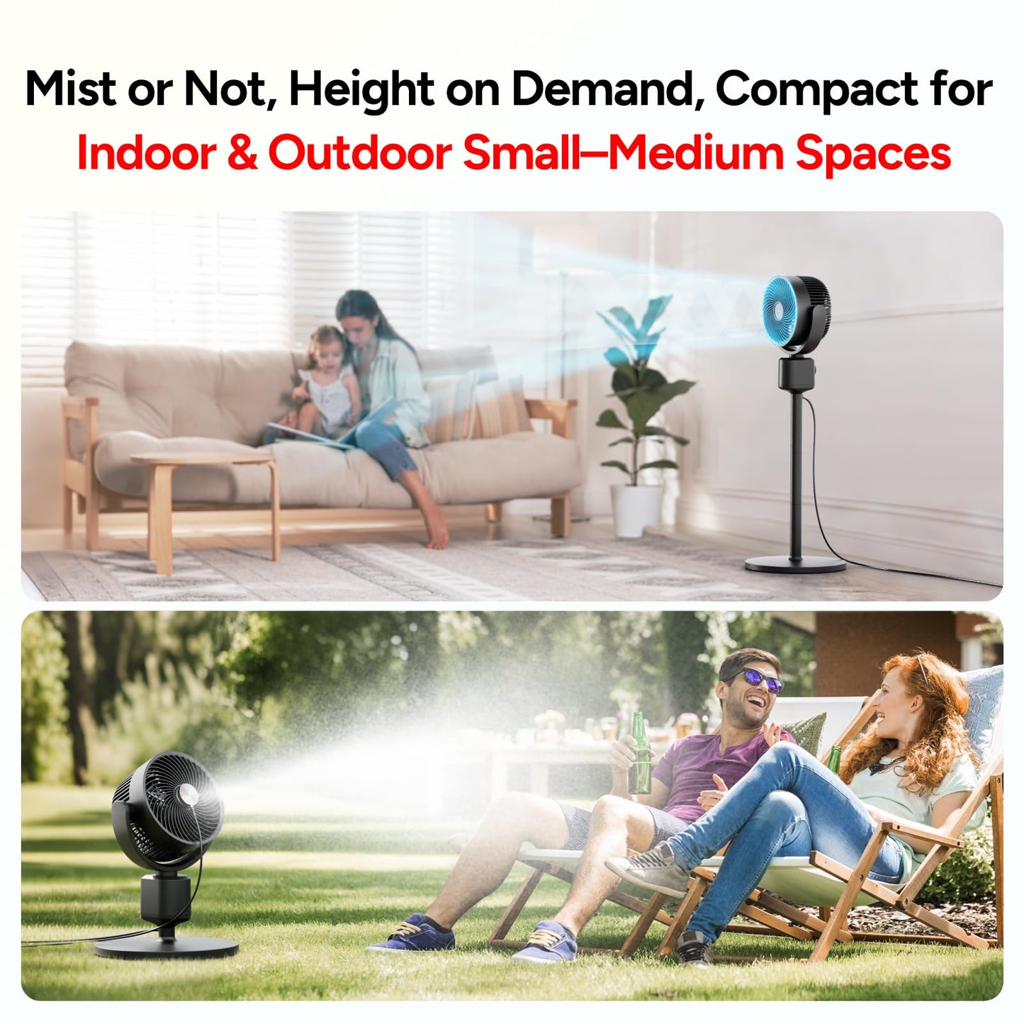 DR.PREPARE Compact Misting Pedestal Fan with Magnetic Mister, Quiet Air Circulator Standing Fan, 16-34" Adj. Height, 70°Auto-Oscillation, 90° Up+10° Down Tilt, 3 Speeds for Small‑Medium Patio Backyard