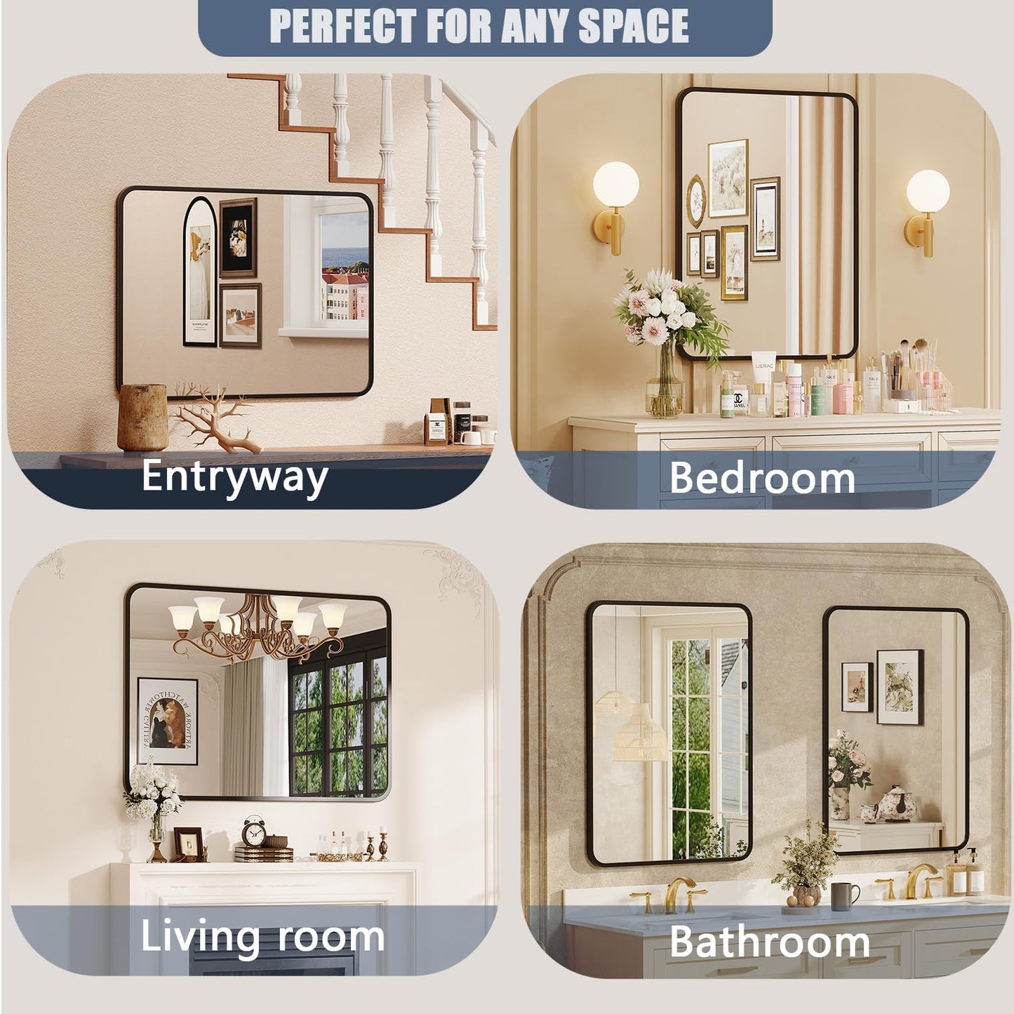 Regine Switzerland Black Bathroom Mirror - 22x30 Rectangular Wall-Mounted Vanity Mirror with Matte Aluminum Frame & Shatterproof Glass