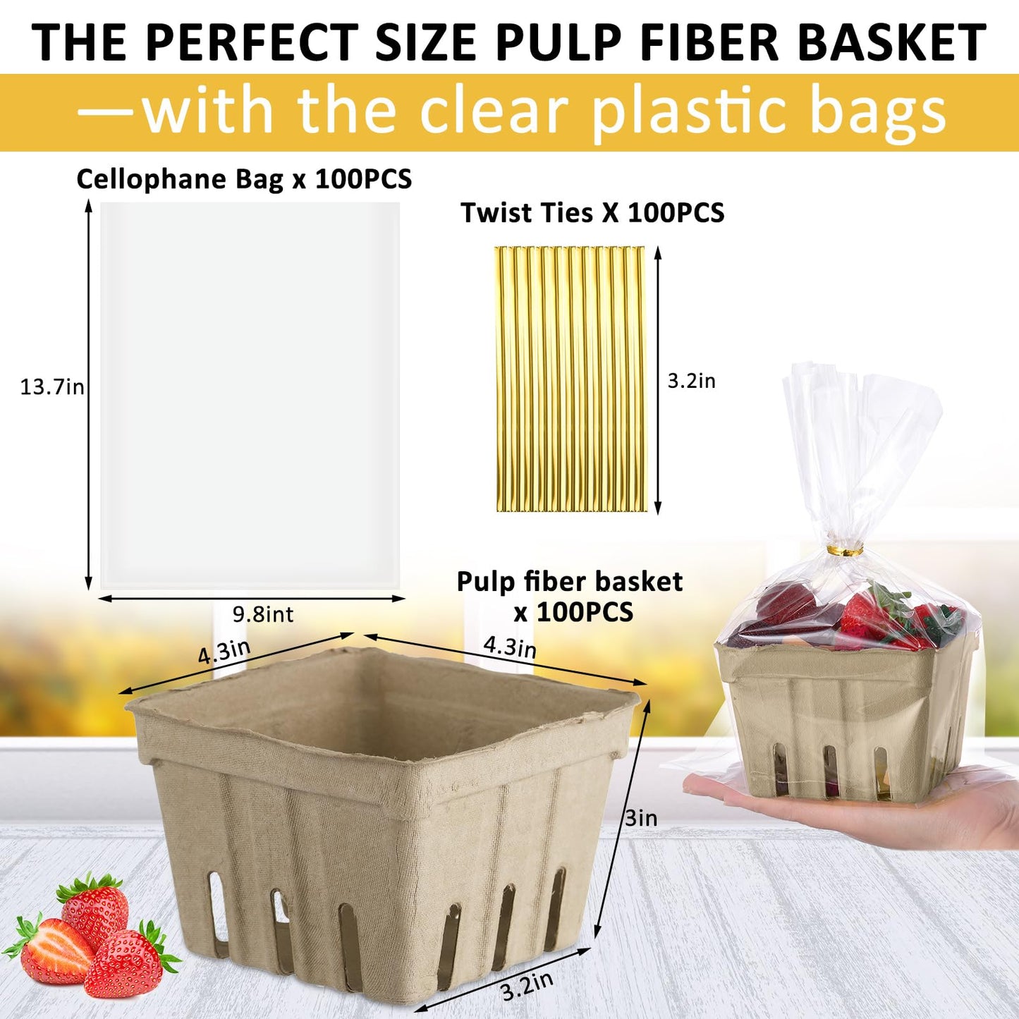 Amyhill 100 Pack Pulp Fiber Basket Set Include 100 Strawberry Berry Basket Small Vented, 100 Clear Packaging Bags, 100 Tie Strips for Kitchen Market Fruit Vegetable Produce Storage(Green)