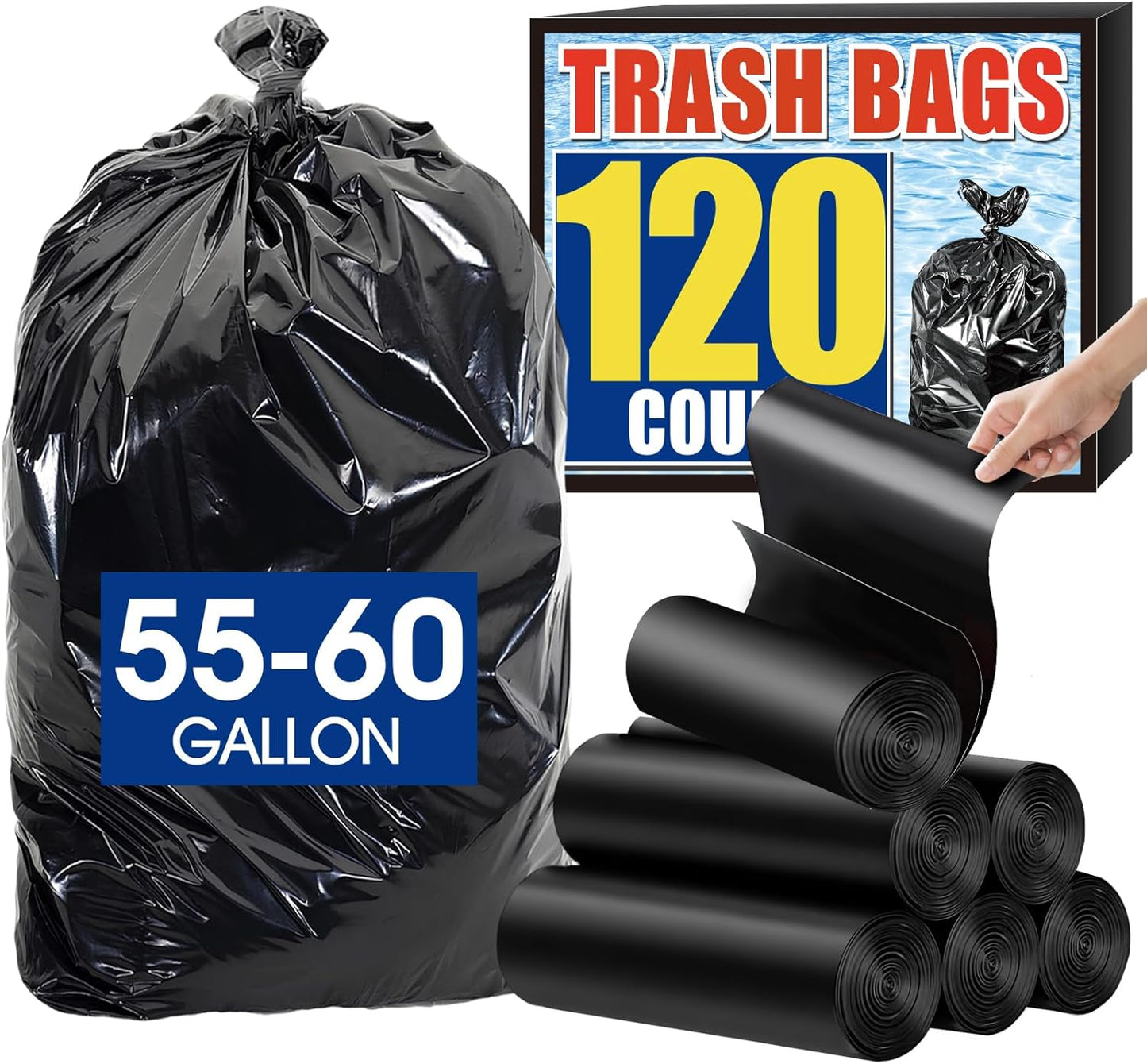 Regine Switzerland 120 Count Trash Bags - Tear-Free 55-60 Gallon Black Garbage Bags for Daily Use | Lightweight 17 Micron Design