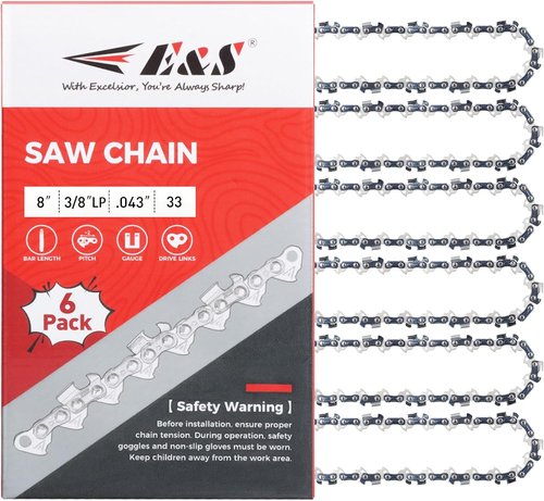 E & S 8-Inch Chainsaw Chain - 3/8" LP Pitch | .043" Gauge | 33 Drive Links | Semi-Chisel Compatibility