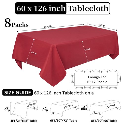 Heneger CozRhythm 8 Pack Red Tablecloth 60 x 126 Inch Rectangular Table Cloth for 8 Foot Rectangle Tables, Wrinkle Resistant Washable Polyester Fabric for Holiday Buffet Wedding Party and Banquet