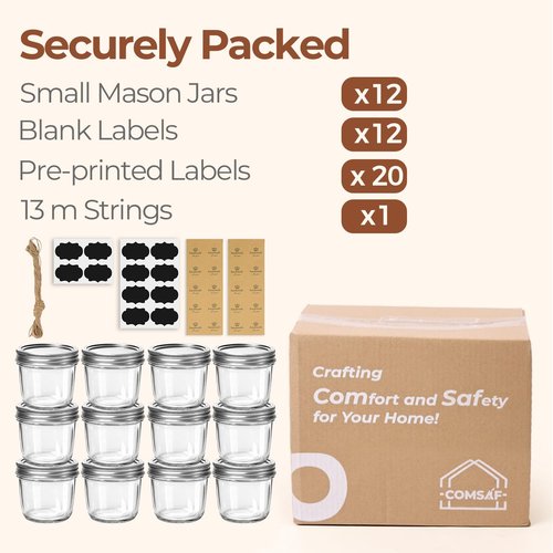 ComSaf 8 oz Wide Mouth Mason Jars, 12Pcs Glass Jars for Home Cooks Making Jam and Jelly, and Crafters Creating DIY Candles and Party Favors, Canning Jar with Lids and Rings，Includes Labels & Twine