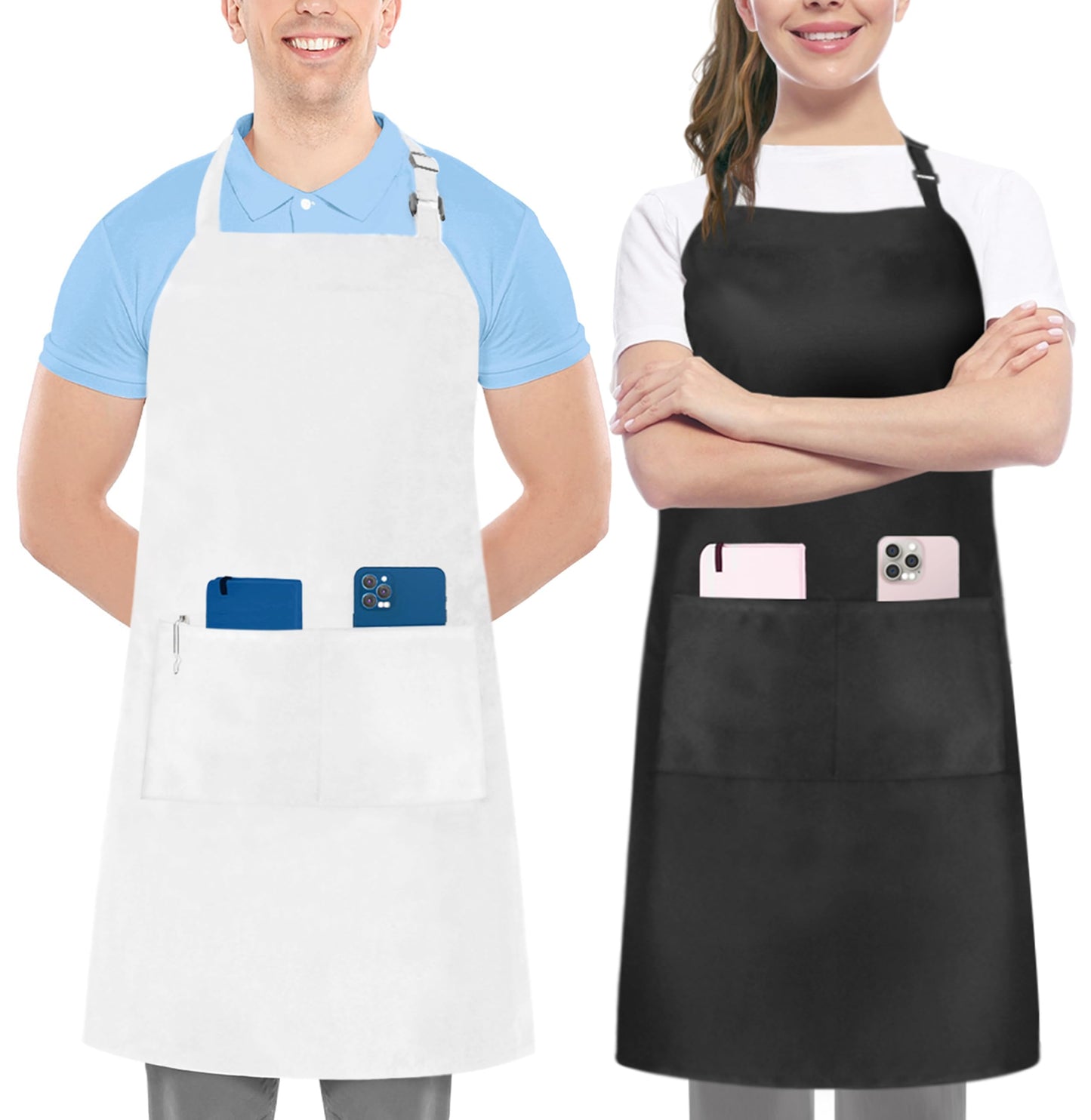Utopia Kitchen 2 Pack Bib Apron, Adjustable with 2 Pockets, Water and Oil Resistant, Cooking Kitchen Chef Apron for Women Men (2 Pack, Black & White)