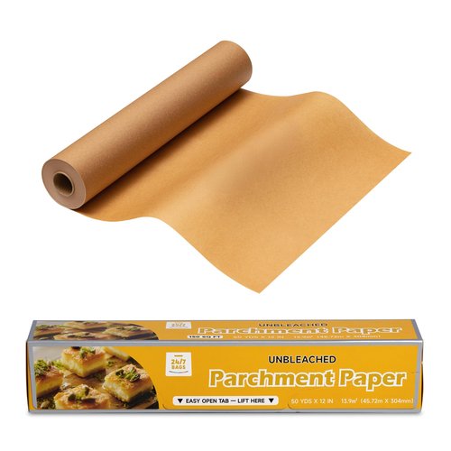 24/7 Bags- Parchment Paper Roll, 150 Sq Ft, 12" Wide, Non-Stick, Unbleached, Food Safe, Serrated Cutter, for Baking, Air-Fryer & Cooking