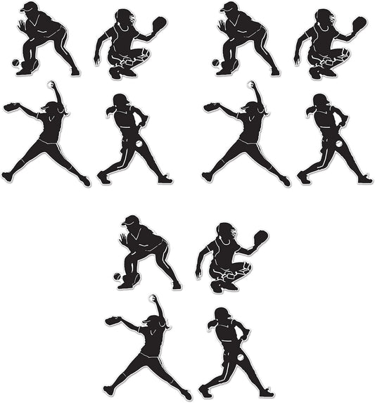 Softball Silhouettes Set - 8 Pieces, 9" to 12.5", Black & White Decor