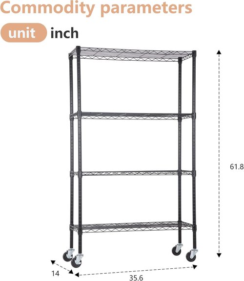 BestOffice 4-Tier Wire Storage Shelves with Wheels - Adjustable Heavy-Duty Metal Rack | 36x14x62 | Black | Holds Up to 500 lbs | No-Tool Assembly for Home & Garage