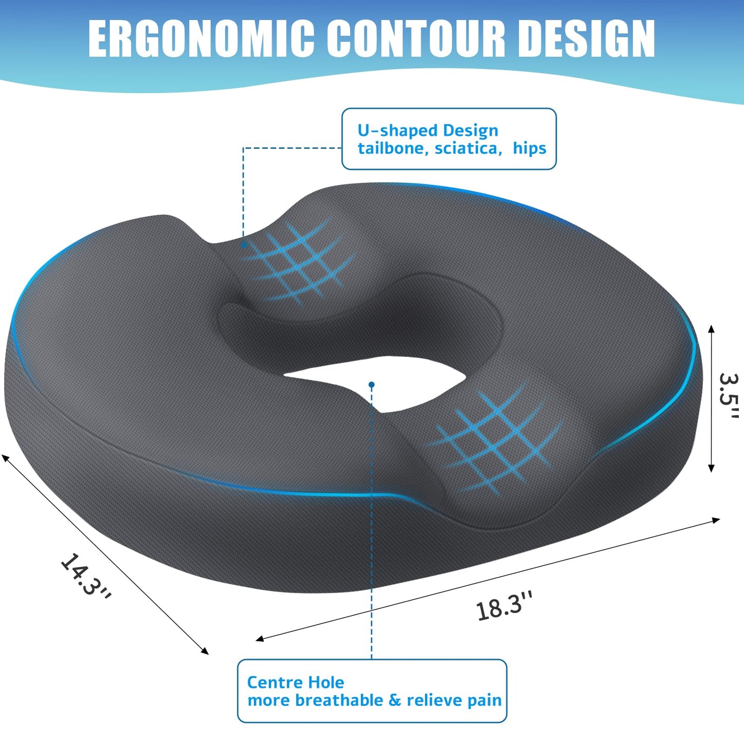 BlissTrends Donut Pillow Seat Cushion, Donut Chair Cushions for Postpartum Pregnancy & Hemorrhoids, Tailbone Pain Relief Cushion, Memory Foam Lifting Cushions for Office & Home Chairs (Grey, X-Large)