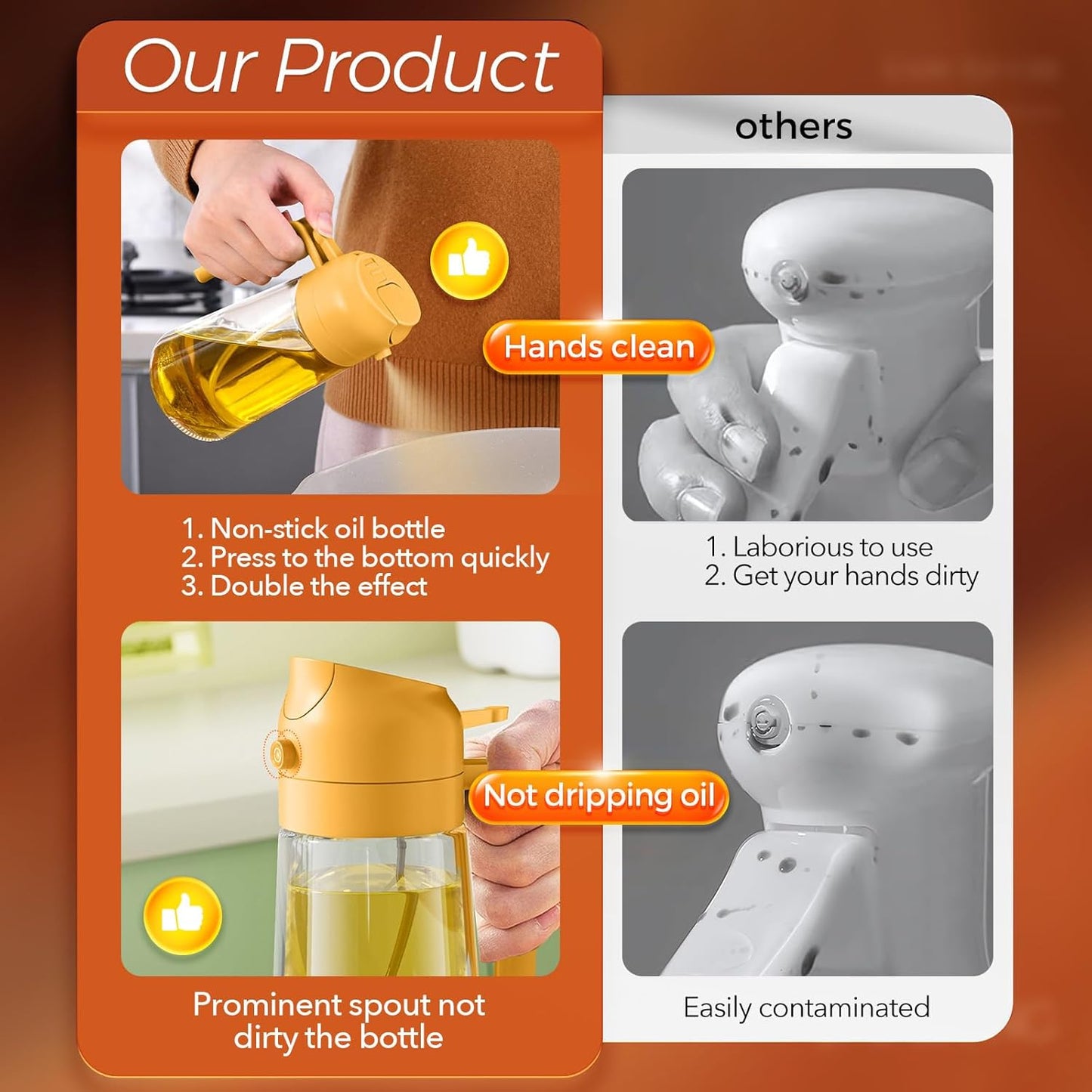 YARRAMATE 2Pcs 16oz Glass Oil Sprayer - Food-Grade Kitchen Dispenser for Cooking & BBQ (White & Orange)