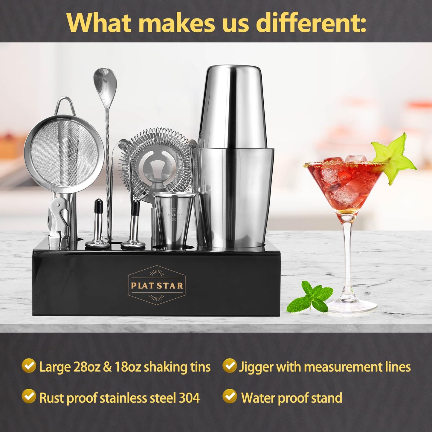Plat Star Mixology Bartender Kit with Stand, Home Bar Set Cocktail Shakers Bartending Kit, Bar Tools Boston Shaker Set, Professional Drink Mixing Martini Making Barware with Recipe Book