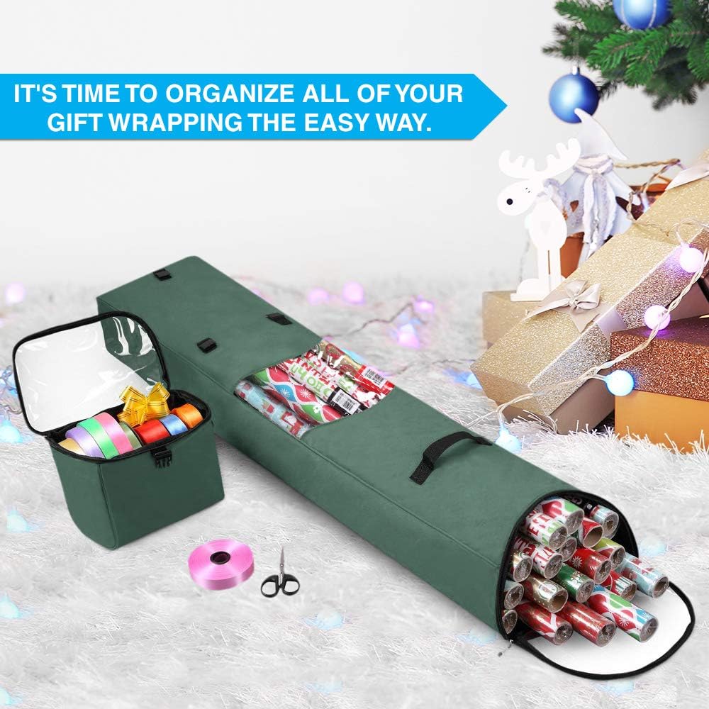 Primode Heavy Duty Christmas Gift Wrap Storage Bag - 600D Oxford Organizer with Detachable Tote | 48"x10"x5" (Green)