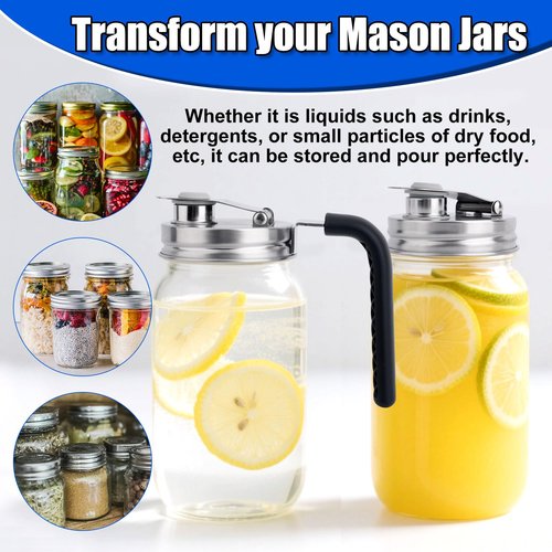 2pcs Mason Jar Spout Lids, Stainless Steel Ball Wide Jar Sip Lids Regular Mouth Leakproof Easy-Pour Pitcher Flip Cap Handle for Drinks Fruit Storage Brewing Accessories Supplies (Style 2)