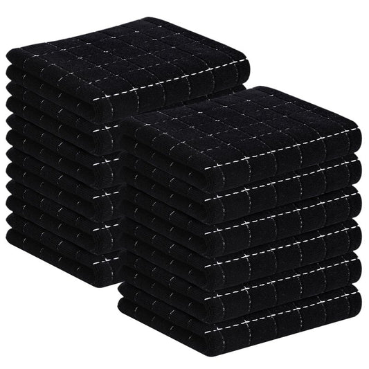 Homaxy 100% Cotton Terry Kitchen Towels(Black, 13 x 28 inches), Checkered Designed, Soft and Super Absorbent Dish Towels, 12 Pack