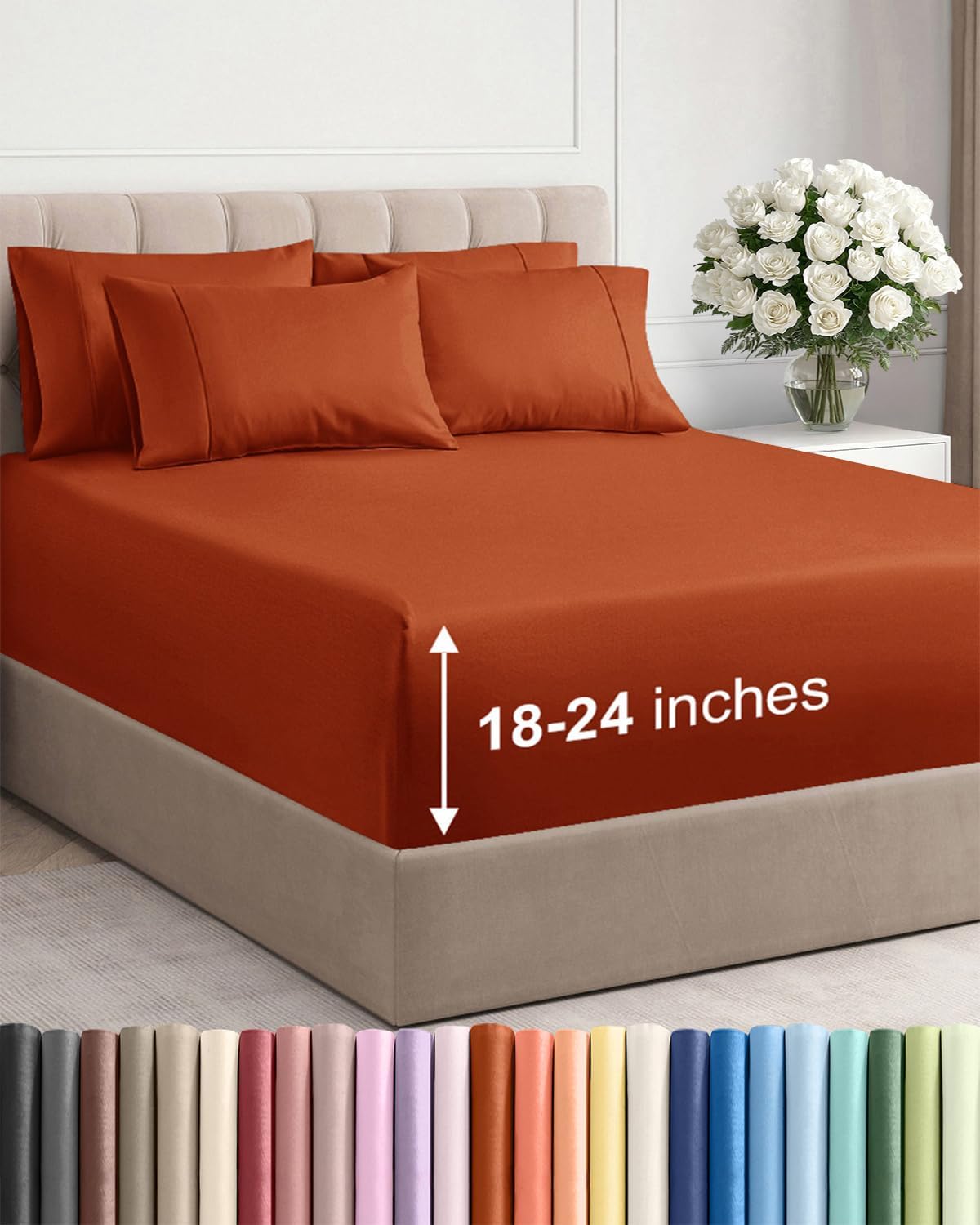 Skiennix Extra Deep Queen Sheet Set | 6-Piece Breathable Cooling Bedding - Soft, Wrinkle-Free Terracotta