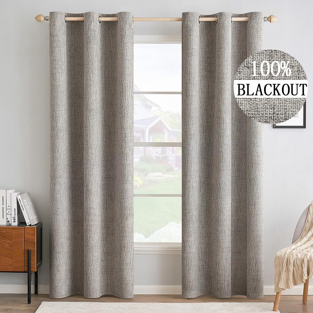 MIULEE Blackout Linen Textured Curtains - Thermal Insulated Room Darkening Drapes | Warm Taupe, 42 x 84 Inch (2 Panels)