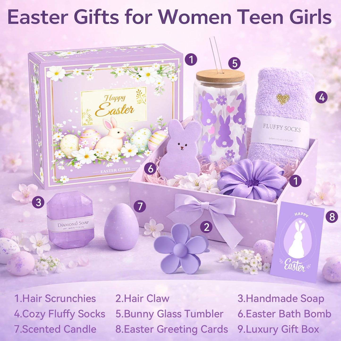 Larchio Easter Basket Stuffers for Women Teens Girls, Easter Gifts for Women with Bunny Tumbler Socks and Flower Hair Clips Spring Gifts for Wife Daughter Sister