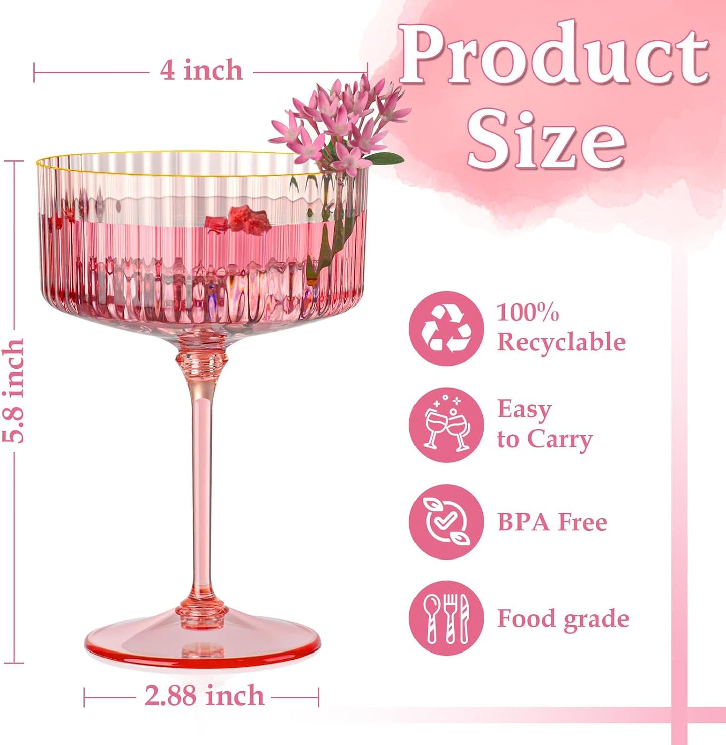 Skiennix 12 PCS Pink Ribbed Coupe Glasses - 10oz Vintage Cocktail Glassware with Gold Rim for Weddings & Parties