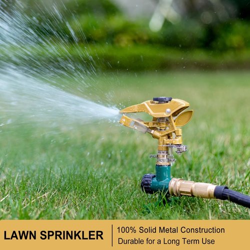 FANHAO Heavy Duty Metal Lawn Sprinkler - Adjustable 360° Spray Pattern for 8500 sq. ft Coverage