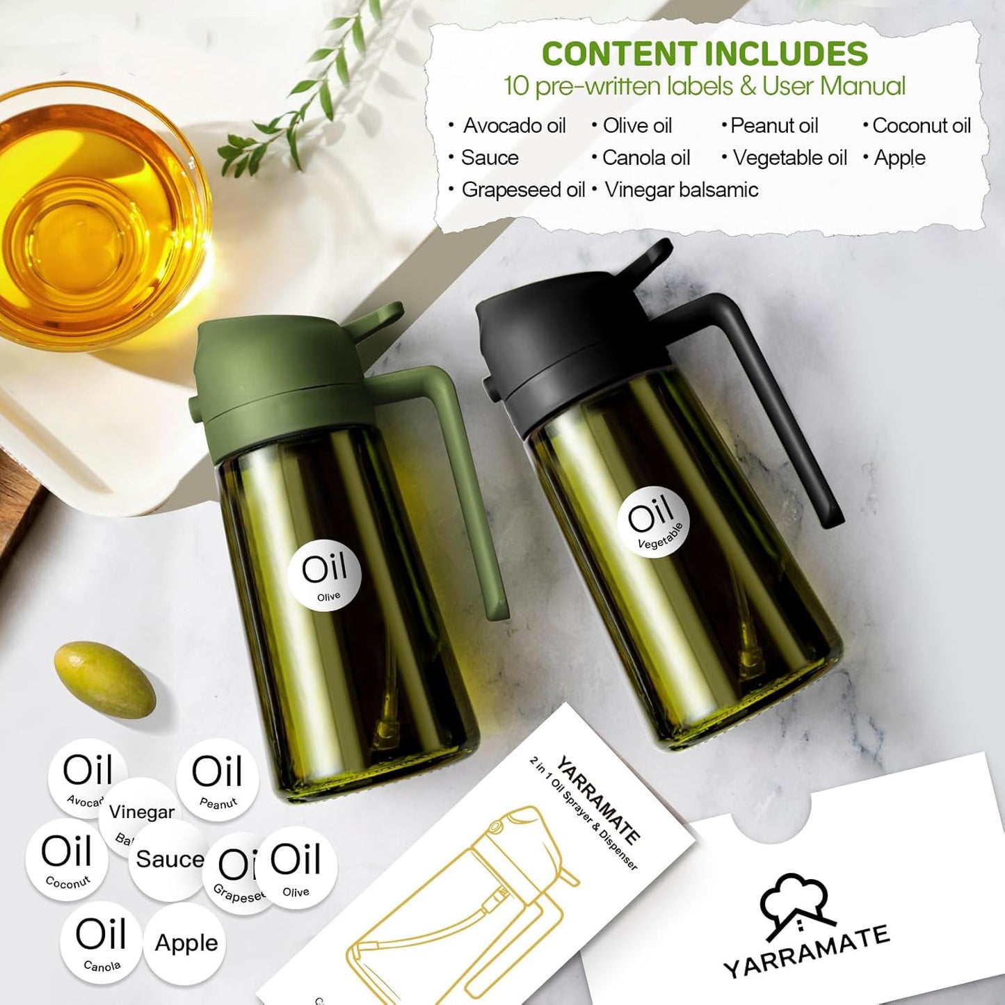 YARRAMATE 16oz Dark Green Oil Sprayer - Premium Food-Grade 2-in-1 Olive Oil Dispenser for Cooking & BBQ