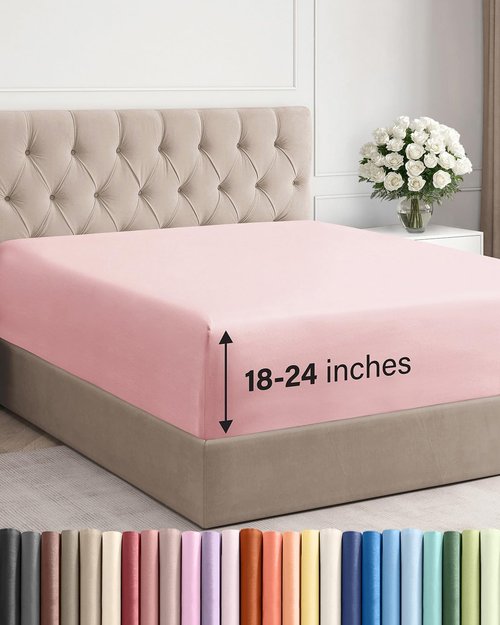 Hotel Luxury Extra Deep Queen Fitted Sheet - Ultra Soft & Breathable - Fits 18-24 Inch Mattresses - Baby Pink