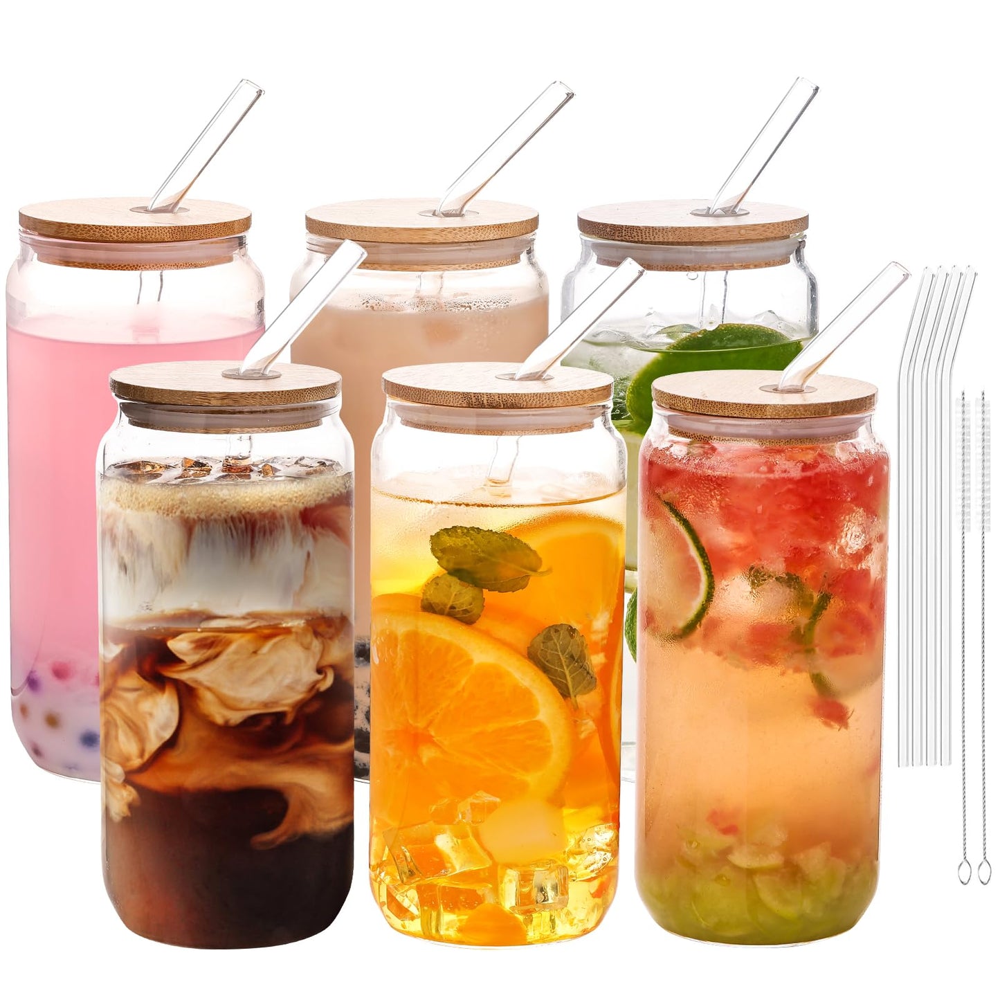 YUNCANG 6 Pack Bamboo Lid Glass Drinking Glasses with Glass Straw - 20-ounce Can Shaped Glassware for Beer, Iced Coffee, Cocktails, Whiskey, and More, Perfect for Cocktails, Whiskey, and Gifting
