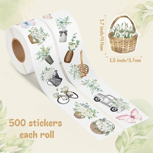CNhoqc Watercolor Plant Sticker Rolls - 1000Pcs Spring Natural Plant Waterproof Vinyl Reusable Laptop Stickers Self Adhesive Water Bottle Activity Pad Birthday Party Favors Gift Easter Basket Stuffers
