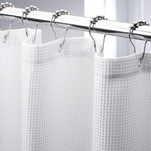 AmazerBath White Fabric Shower Curtain - Heavy Duty Waffle Design | Premium Polyester, 72x72 Inches