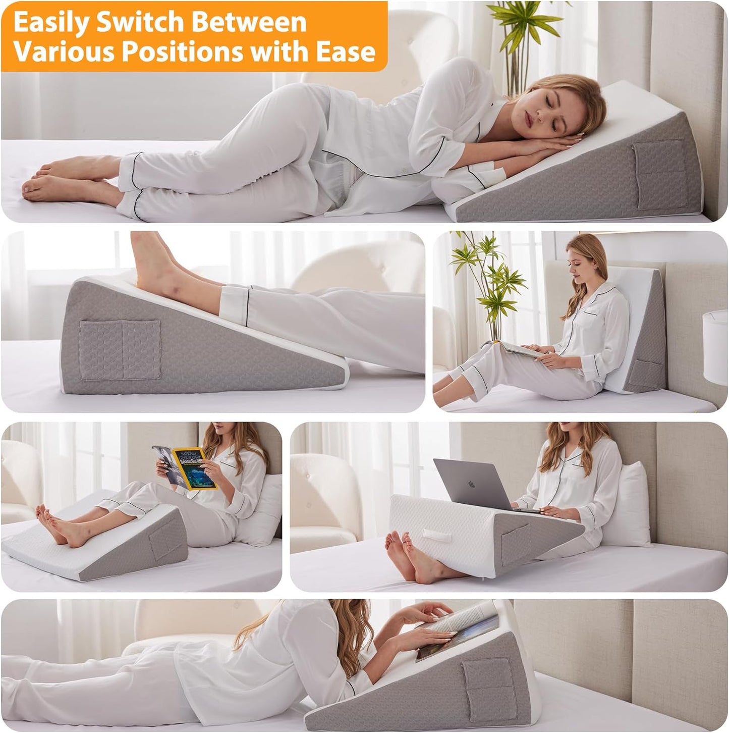 Ruqmuis Wedge Pillow - Acid Reflux Relief & Back Pain Support | 10" Elevated Sleeping Pillow, White